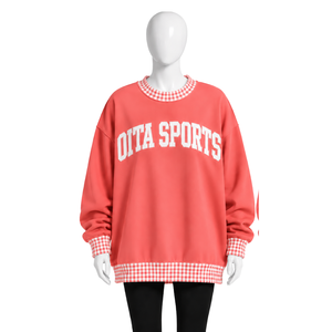 <b>Mens</b> Coral <b>Pink</b> Crewneck <b>Sweatshirt</b> Gingham Check Trim Long Sleeve Casual Pullover Fashion Streetwear Athletic Sports Top - Product Image 1