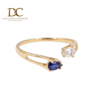 Classic Designer 14KT Solid Yellow Gold <b>Adjustable</b> <b>Ring</b> with Lab Grown Diamond and Blue Sapphire IGI Certified Jewelry for Women - Product Image 1