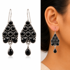 Trade Assurance <b>Oxidized</b> Silver-Plated Black Onyx Bell Bohemia Bezel Setting Dangle Drop Earrings Women Manufacturer Supplier - Product Image 1