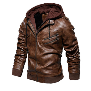 Veste de moto à capuche en cuir PU pour homme, fermeture éclair, coupe ajustée, style automne, manches classiques, couleur unie, doublure en coton - Product Image 4