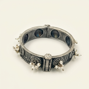 DIVYORO Women's Antique Flower Design Brass Oxidized Silver Plated Engagement Bangle-KADA - Product Image 1
