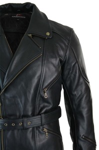 Veste de motard en cuir noir pour homme, long manteau trench ceinturé, vêtement d'extérieur décontracté en cuir véritable pour l'automne et l'hiver - Product Image 4