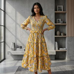 Vestido largo maxi de algodón 100% para mujer, estampado a mano, estilo bohemio floral, con volantes, para verano, venta al por mayor, vestido informal de verano, sostenible - Product Image 1