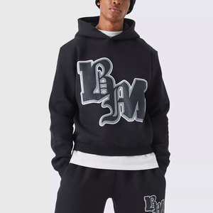 Ensemble de survêtement noir à capuche pour homme avec logo BM imprimé, style streetwear, pantalon de survêtement et sweat-shirt longs, coupe ample en coton - Product Image 3