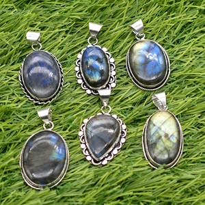 Colliers pendentifs ovales en labradorite naturelle Prem Bhaya, 10 pièces, plaqué argent 925, sertissage clos, unisexe, vintage, chrétien, pour fiançailles - Product Image 2