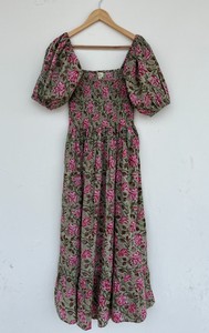 Women Green Pink Floral Print Maxi <b>Dress</b> Smocked Bodice Short Sleeve <b>Boho</b> <b>Summer</b> <b>Dress</b> 100% Cotton Ladies Casual Wear - Product Image 4