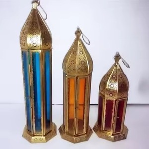 Lantern <b>Moroccan</b> Gold Cutout Metal Blue Glass Hexagon Candle Holder Home Hotel <b>Lighting</b> Decoration Wedding Table Decor Lantern - Product Image 5