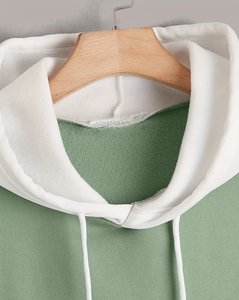 Green White Color Block Lined Hooded Fleece Sweatshirt for Children Winter Casual Breathable & Eco-Friendly Long Sleeve Pullover - Product Image 4