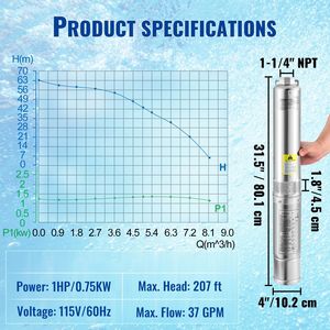 Bomba Sumergible para Pozos Profundos de 1 HP, 115 V/60 Hz, con Flujo de 37 gpm, Altura de Elevación de 207 pies, Cable Eléctrico de 33 pies, Bomba de Agua de Acero Inoxidable de 4 Pulgadas - Product Image 4