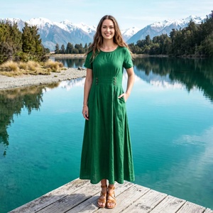Vestido Midi de Lino Orgánico Vintage, Transpirable, de Manga Corta, Corte en A, con Detalle de Lazo, Liso, Teñido, para Todas las Temporadas, Precio al por Mayor para Mujer - Product Image 1
