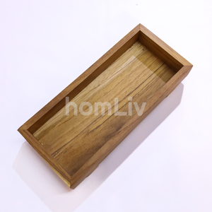 Plateau à couverts décoratif en bois de teck naturel fait main, organisateur de couverts en bois massif durable, boîte de rangement pour ustensiles, vaisselle - Product Image 4
