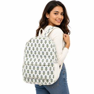 Floral Printed Quilted Cotton <b>Backpack</b> Detachable Straps Zipper Closure Preppy Style Unisex Use Camping Cycling Swimming <b>Daily</b> - Product Image 1
