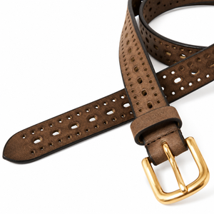 <b>Brown</b> Perforated Leather <b>Belt</b> for <b>Men</b> Gold Buckle Casual Dress Waist <b>Belt</b> Wholesale Genuine Leather Fashion <b>Belt</b> Supplier Export - Product Image 1