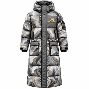 Veste longue à capuche pour homme, imprimé marbré rouge, rembourrée de duvet, coupe-vent, style sportif d'hiver avec fermeture éclair - Product Image 3