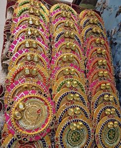 Indian Handmade <b>Gota</b> Patti Kumkum Platter For Rakhi, Diwali Festive Favor Wedding Return Gifts Roli Chawal Platter Housewarming - Product Image 4