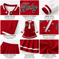 Ensemble 3 pièces pour bébé fille : veste universitaire à manches contrastantes et imprimé lettres, jupe plissée à ourlet rayé uni, en tissu de coton doux