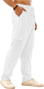 Men's <b>White</b> Polyester Eco-Friendly Cargo Sweatpants Elastic Waist Drawstring Casual <b>Joggers</b> Multiple Pockets Midweight Pants - Product Image 2