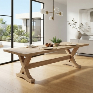 Mesa de Comedor Larga de Madera Maciza Rústica, Estilo Granja, Base de Caballete con Marco en X, Mesa Rectangular Grande de Madera de Teca, Muebles para Comedor - Product Image 2