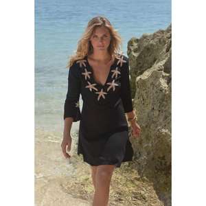 Vestido de playa negro con cuello en V para mujer, con bordado de estrellas de mar, elegante, con mangas, para verano, ropa de resort, pareo. - Product Image 1