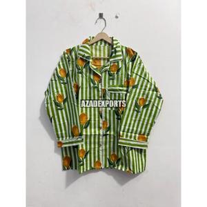 Conjunto de pijama de estilo romántico térmico de algodón con estampado de limones y rayas verdes para mujer, ropa de dormir de manga larga con cintura elástica y largo completo - Product Image 4