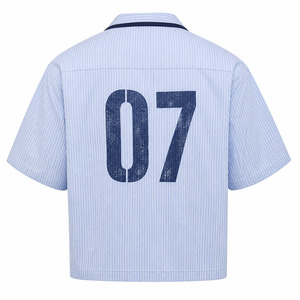 Sky Blue White Striped Y2K Streetwear Shirt Men Oversized Boxy Short Sleeve Crimson Rope <b>Toggle</b> Camp Collar <b>Button</b>-Up Wholesale - Product Image 5