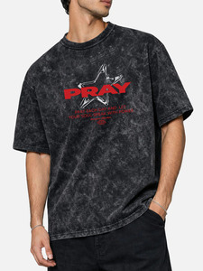 T-shirt graphique surdimensionné Pray, style vintage délavé à l'acide, inspirant, streetwear à thème religieux, noir délavé - Product Image 4