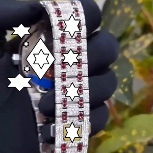 Luxury Stainless Steel Watch with <b>Red</b> Moissanite Bezel and Diamond Accents Round Analog Quartz Timepiece Fold Clasp - Product Image 4