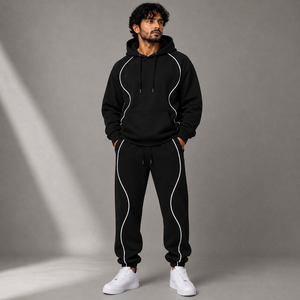 Men's Black Hooded Tracksuit Set with White Contrast Piping Pullover Hoodie and Jogger Pants for Casual Sportswear - Product Image 1