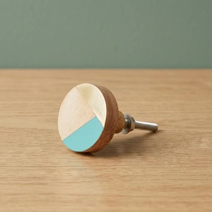 Modern Round Wood Cabinet <b>Knob</b> with Brass and Teal Accents Scandinavian Style for Kitchen and Home Office Drawer <b>Door</b> Handle - Product Image 3