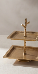 Premium Gold Metal 2 Tier Square Cake <b>Stand</b> with Branch Handle Organic Style Pastry <b>Cupcake</b> Display Serving Tray - Product Image 2
