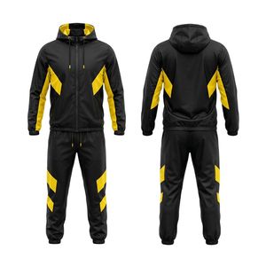Black Yellow Chevron Stripe <b>Tracksuit</b> Polyester Geometric Panel Hooded Full Zip Track Jacket Breathable <b>Tracksuits</b> Sets - Product Image 1