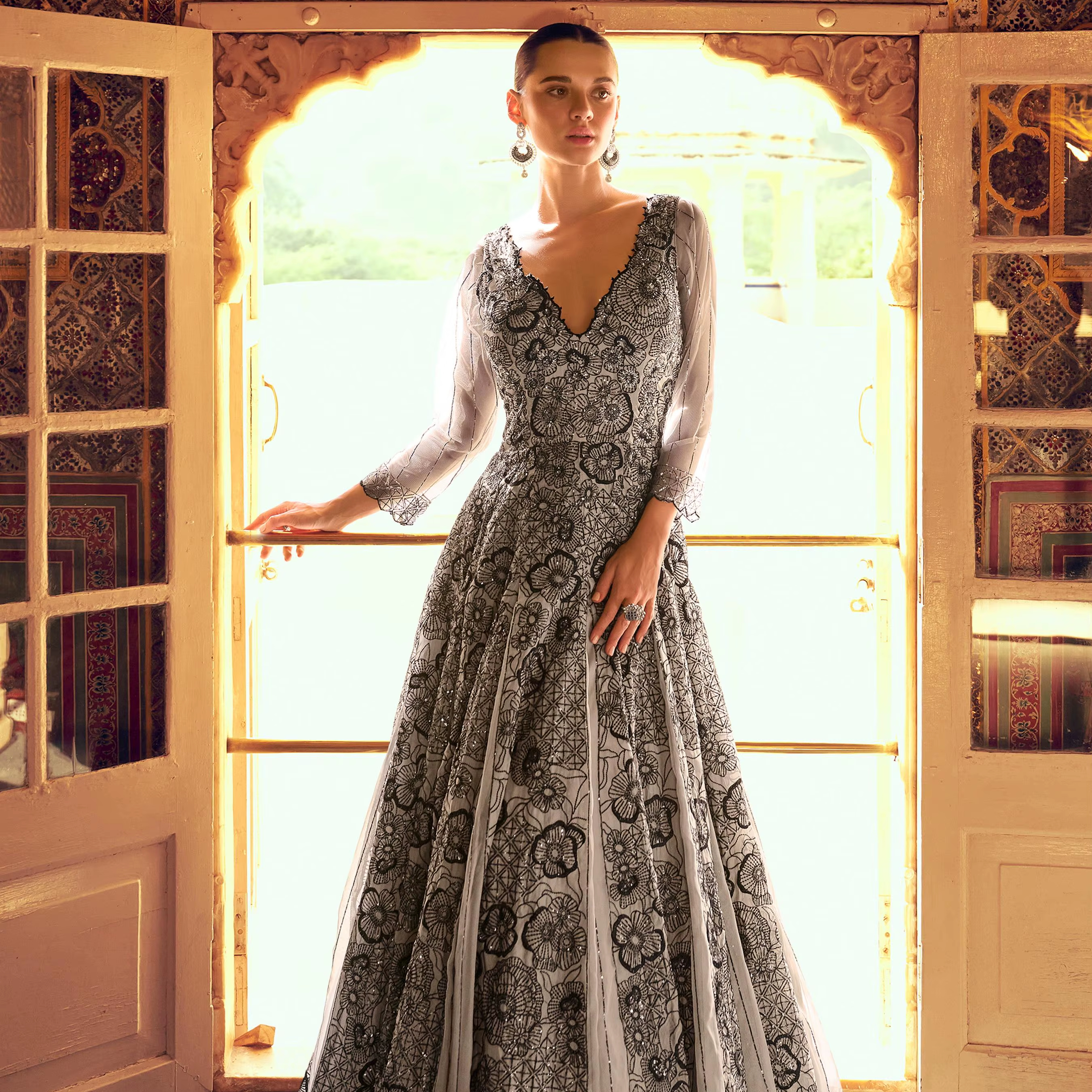 open lace back dress Jovani 61109 Floral Embellished V Neck Jovani Ballgown – B Chic Fashions main image 1