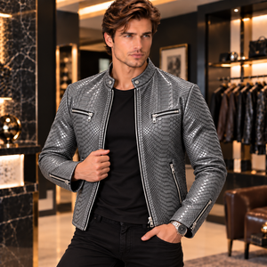 Men’s Brown Snake Embossed Genuine Leather Biker <b>Jacket</b> Chaqueta de Cuero Hombre <b>Cafe</b> <b>Racer</b> Custom OEM Wholesale Manufacturer - Product Image 6