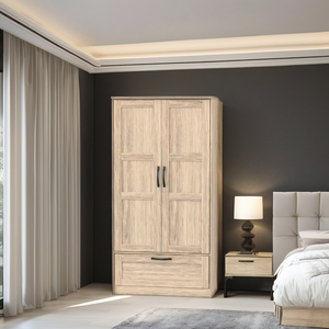 FURNIZONE Modern Contemporary Wooden <b>2</b> Door Floor Mount Wardrobe Closet 1 <b>Drawer</b> Bedroom Home <b>Storage</b> Cabinet (Model 12_0161) - Product Image 1