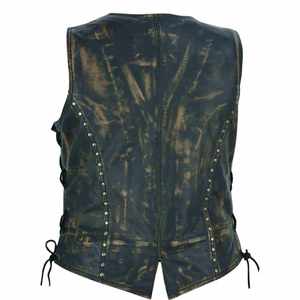 Chaleco de cuero genuino vintage para mujer, estilo motero, con cuello en V y cordones laterales, fabricación personalizada, ropa de moda. - Product Image 3