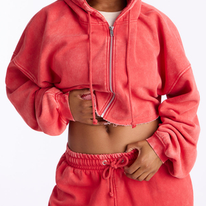 Wholesale Casual Solid Zipper <b>Red</b> Vintage Sports Wear T-shirt Short Set for Women Acid Washed Long Sleeve Top and Sweatpants Set - Product Image 3