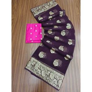 PARTY WEAR GEORGETE SUAVE SEDA ZARI TRABAJO SAREE CON BLUSA DESCOSADA VINO - Product Image 1