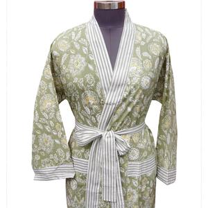 Bata de algodón de manga larga con estampado floral ecológico para mujer, cuello en V, ropa de dormir informal de longitud completa con bolsillos delanteros y cierre de cinturón - Product Image 2