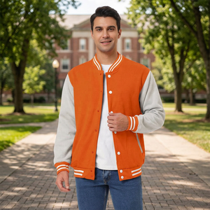 Blouson universitaire en laine uni orange et gris/blanc 2026 avec col à bordure côtelée rayée - Product Image 4