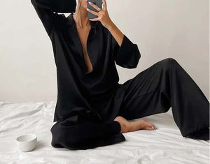 Conjunto de Pijama de Satén para Mujer, Manga Larga, Color Sólido, Cuello Alto, Cierre de Botones, Ecológico, Transpirable, Elegante - Product Image 3