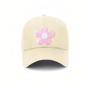 หมวกแก๊ปแบบ Snapback 6 แผง ลายดอกไม้สีเบจ ปักลายด้วย Rhinestone ปรับขนาดได้ สไตล์ลำลอง สำหรับผู้ใหญ่ - Product Image 1