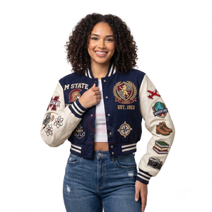 Chaqueta universitaria corta de alta calidad para mujer, personalizada, de invierno, con forro de lana y cuero, estilo HBCU, muy vendida. - Product Image 4