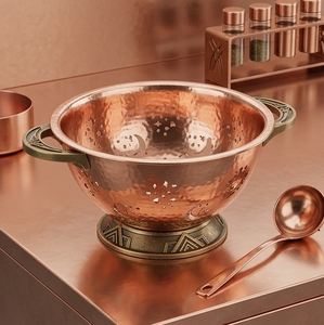 Passoire en cuivre avec poignées vertes et base en métal martelé pour laver les fruits, les légumes et les pâtes - Product Image 1