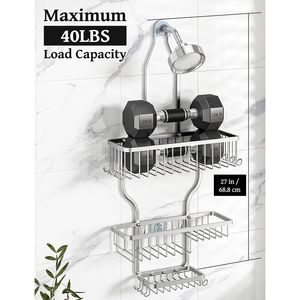 <b>Shower</b> Organizer Over the Head Caddy Aluminum Never Rust 10 Hooks Razor <b>Sponge</b> Rack Soap Basket Polished Silver - Product Image 6