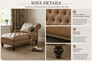 Chaise longue capitonnée en cuir avec accoudoirs roulés, canapé-lit classique en cuir marron pour salon, chambre, hôtel, mobilier de salon - Product Image 3
