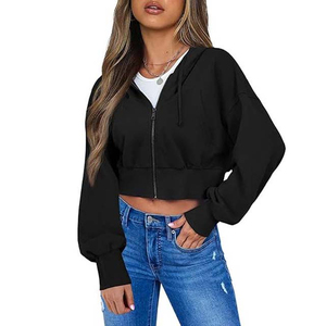 <b>Women's</b> <b>Black</b> Cropped <b>Hoodie</b> <b>Zip</b>-Up Sweatshirt Full Sleeve Solid Color Knitted Cotton Autumn Wear Casual Style - Product Image 2