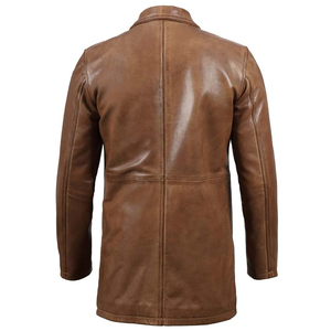 Abrigo de Cuero Genuino Marrón para Hombre, Cuello Camisero, Cierre de un Solo Botón, Largo hasta la Rodilla, Manga Regular - Product Image 2
