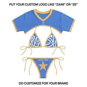 Conjunto de Bikini Premium de Cintura Alta con Escote Pronunciado, Tela Elástica de 240 g/m², Panel Azul Dorado, Estampado Digital, Logotipo Personalizado, 100% Poliéster - Product Image 1