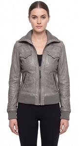 Wholesale <b>Women</b> Grey Sheep Skin Eco-Friendly Windproof Bomber <b>Jacket</b> Ribbed Trim Flight Moto Coat Custom Full Zip Utility - Product Image 3