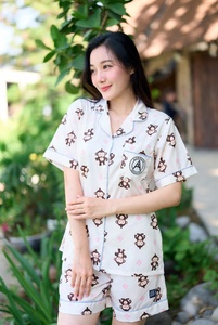 Womens monkey print pajama top short sleeve button up in soft studio <b>lighting</b> for sleepwear - Product Image 4